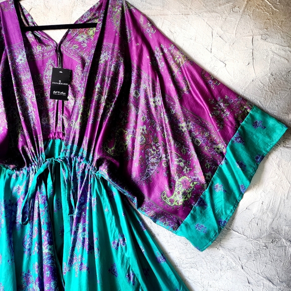 Handprinted Silk Authentic Designer Kimono Batik Long Maxi Dress Luxury Resort - Picture 4 of 16